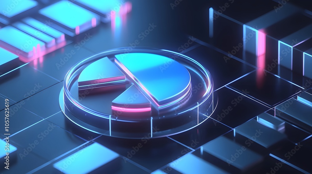 Poster cute isometric 3d image of 3d pie chart and bar chart in realistic metallic silver illuminated by ne