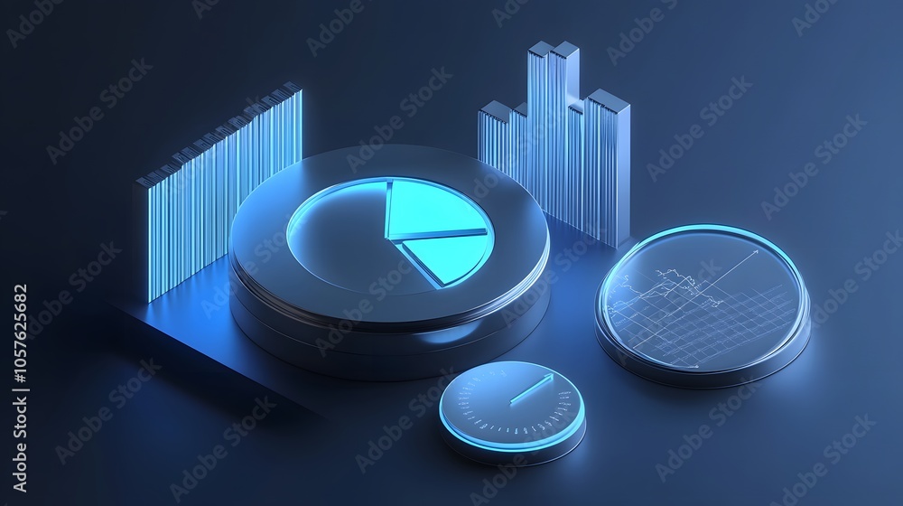 Poster Cute isometric 3D image of 3D pie chart and bar chart in realistic metallic silver illuminated by neon blue. add floating, transparent charts and circular measurement tools. ensure perfect shapes and 