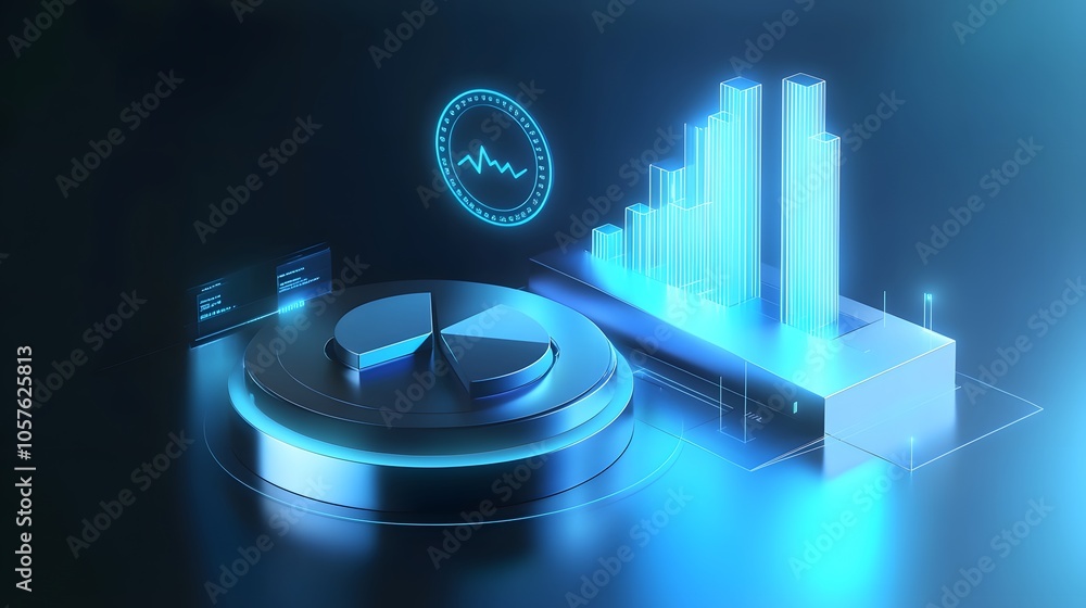 Poster cute isometric 3d image of 3d pie chart and bar chart in realistic metallic silver illuminated by ne