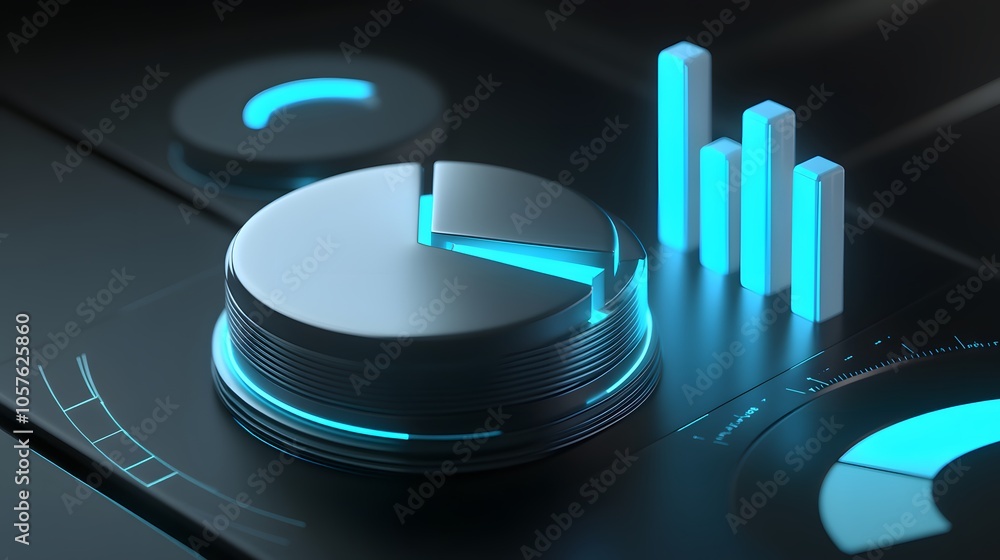 Poster cute isometric 3d image of 3d pie chart and bar chart in realistic metallic silver illuminated by ne