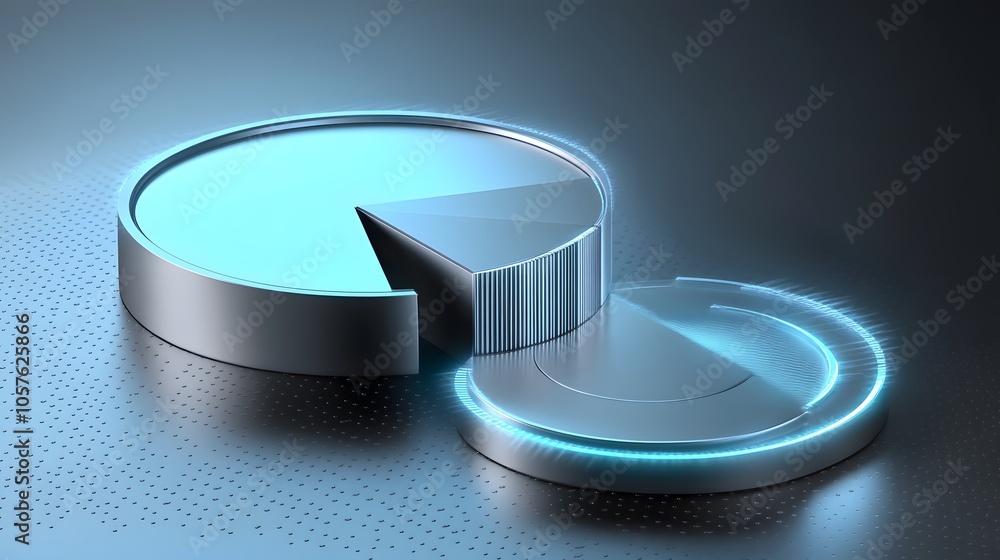 Poster cute isometric 3d image of 3d pie chart and bar chart in realistic metallic silver illuminated by ne
