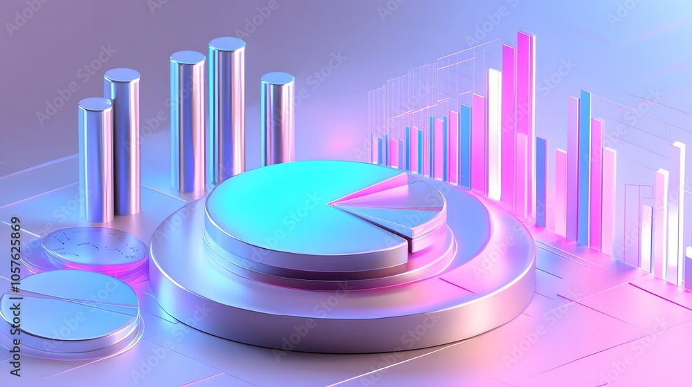 Poster cute isometric 3d image of 3d pie chart and bar chart in realistic metallic silver illuminated by ne
