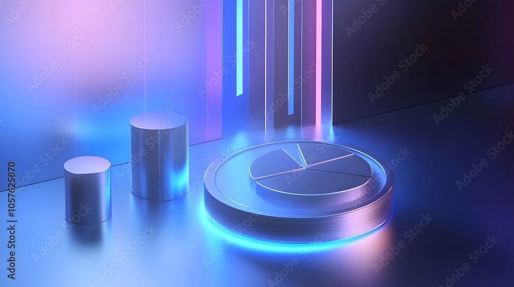 Poster cute isometric 3d image of 3d pie chart and bar chart in realistic metallic silver illuminated by ne