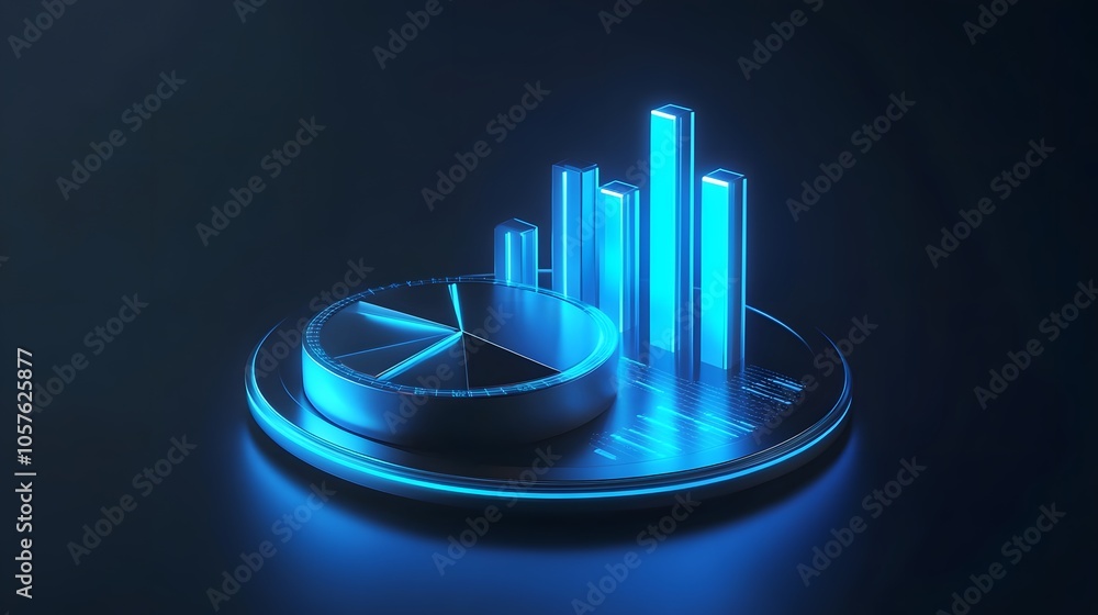 Poster cute isometric 3d image of 3d pie chart and bar chart in realistic metallic silver illuminated by ne