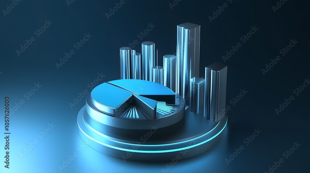 Poster cute isometric 3d image of 3d pie chart and bar chart in realistic metallic silver illuminated by ne