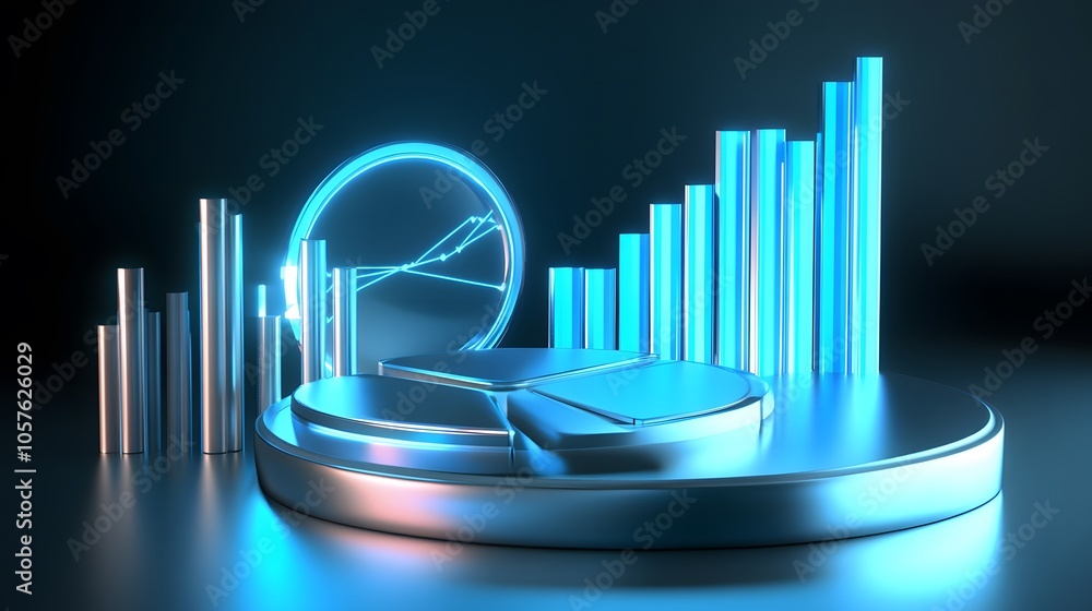 Poster cute isometric 3d image of 3d pie chart and bar chart in realistic metallic silver illuminated by ne