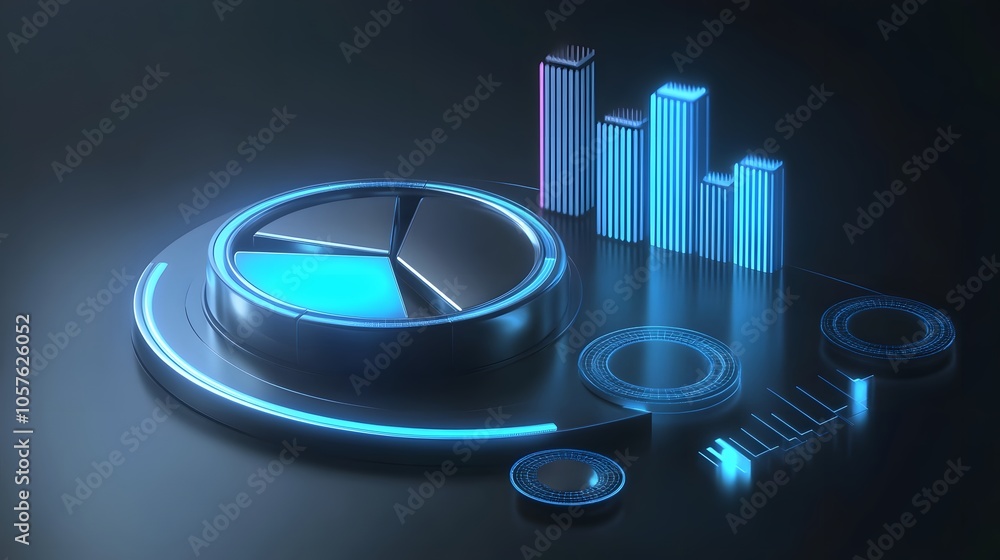 Poster cute isometric 3d image of 3d pie chart and bar chart in realistic metallic silver illuminated by ne