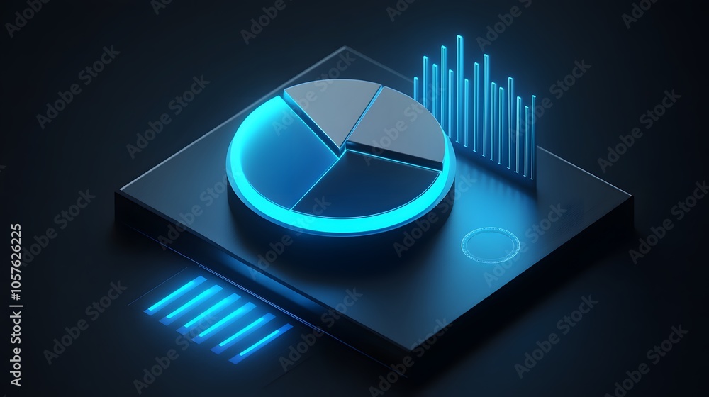 Poster cute isometric 3d image of 3d pie chart and bar chart in realistic metallic silver illuminated by ne