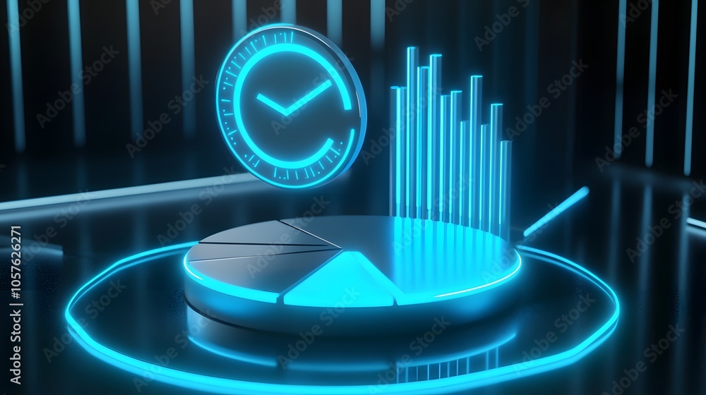 Poster cute isometric 3d image of 3d pie chart and bar chart in realistic metallic silver illuminated by ne