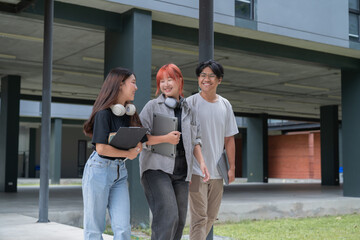 Three cheerful asian university students are walking together on campus, holding laptops and books, enjoying their time together between classes