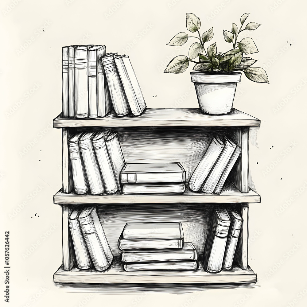 Poster simple sketch of a vintage bookshelf with neatly arranged books and decorative items