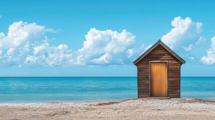 Fototapeta premium A single wooden cabin door is situated on a peaceful beach
