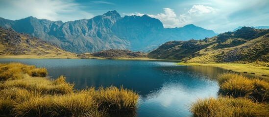 Green Small Lake With Mountains As Background