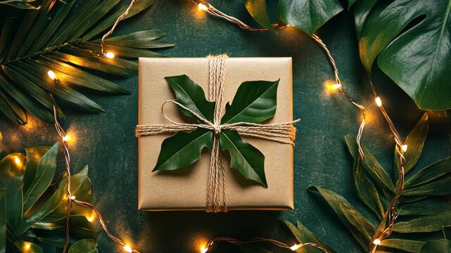 A simple brown gift box wrapped with twine and a green leaf sits on a dark green surface, surrounded by festive lights and lush foliage
