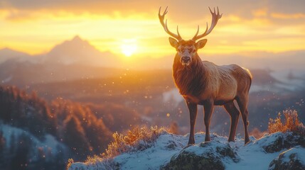 A majestic red deer stag stands on a snow-covered mountain ridge at sunset, with a breathtaking view of the surrounding mountains.