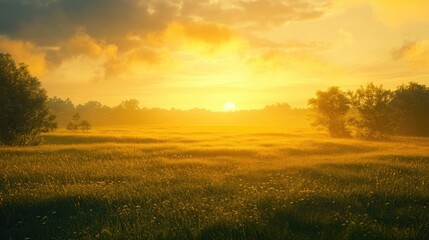 Sunrise Casting Golden Light Across a Natural Landscape in a Verdant Field