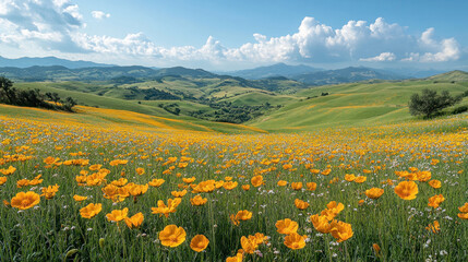 Fototapeta premium Rolling green hills with wildflowers in bloom, picturesque countryside under a blue sky
