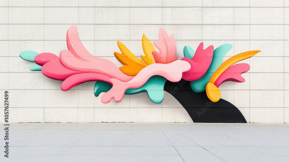 Poster a surreal graffiti piece on a concrete wall, showcasing a distorted, abstract design with a harmonio