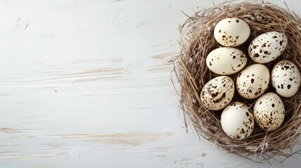 Obraz premium Vibrant quail eggs arranged in a nest on a light wooden backdrop perfect for holiday themed compositions with ample copy space