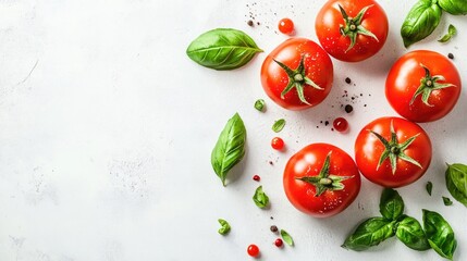Fototapeta premium Fresh red tomatoes with basil leaves on a white background top view showcasing the vibrant vegetable concept and ample space for text