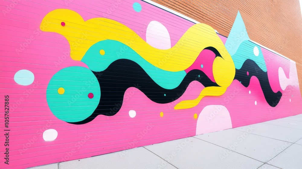Poster a surreal graffiti mural on a building, featuring a visually striking design with bold colors and un