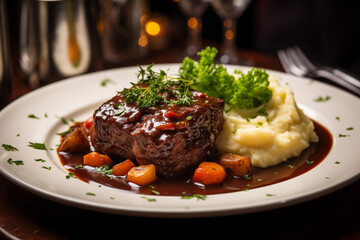 Winter comfort food: Delicious plate of braised beef served with creamy mashed potatoes and seasonal vegetables, on a fine dining table