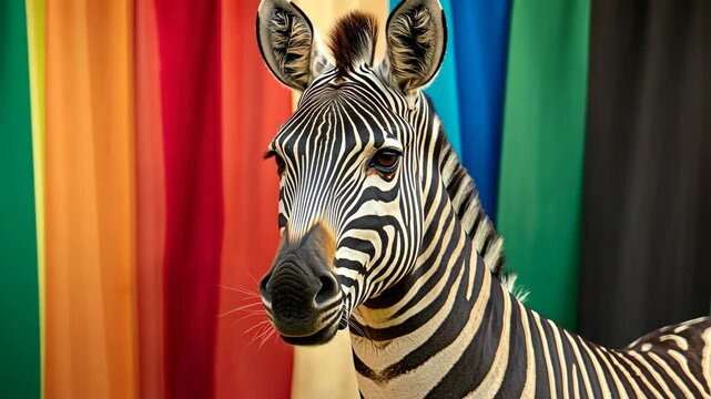A zebra stares intently at the camera, its black and white stripes contrasting against a colorful backdrop of vertical lines