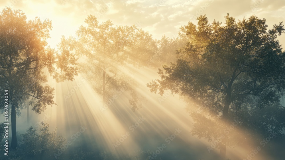 Poster enchanting fog envelops a forest landscape where trees stand amidst a mystical dust illuminated by r