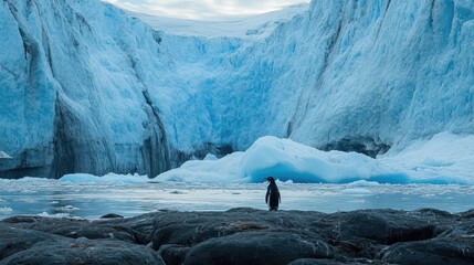 A solitary Gentoo penguin stands before a massive glacier