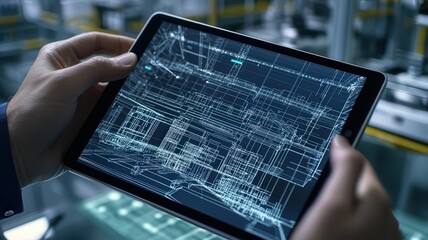 Warehouse management logistic technology concept. Digital twin of a warehouse displayed on tablet, logistics planning, virtual warehouse optimization