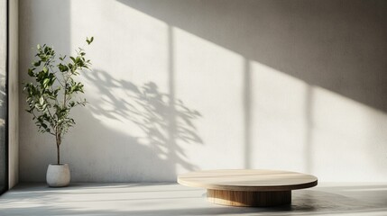 Cozy room corner mockup featuring soft sunlight a wooden circular table and a white concrete wall for product display or branding purposes