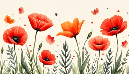 Obraz premium Vibrant red poppy flowers surrounded by soft foliage on a light background