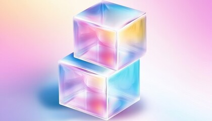 Abstract translucent cubes with glowing centers and floating squares, pastel gradient background, symbolizing digital architecture and network technology