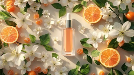Product mockup pump bottle for cosmetic background. Flower orange fruits 3d advertisement banner for beauty makeup fashion. Promotional template poster website, ideal for e-commerce, social media