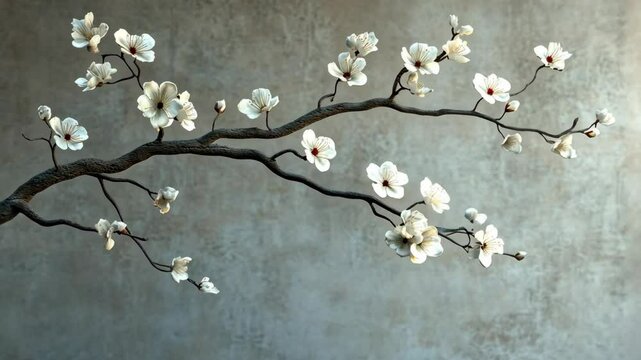 A delicate branch of white blossoms blooms against a muted grey background