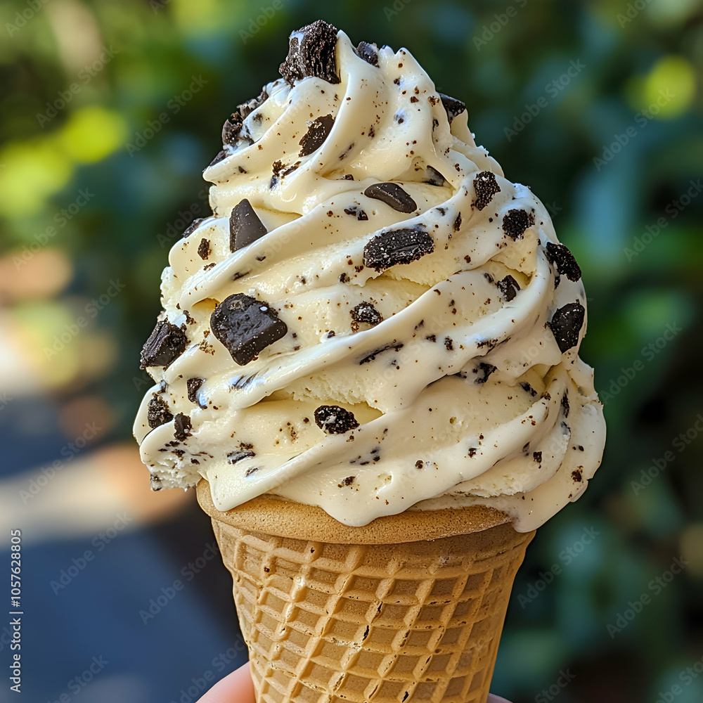 Poster soft serve cookies and cream ice cream cone with extra toppings against a bright background