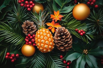 Fototapeta premium tropical christmas decor, add a tropical vibe to your holidays with this vivid christmas banner featuring lush greenery