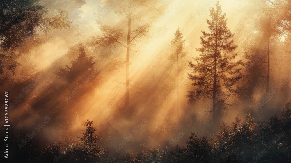 Poster enchanting fog envelops a forest landscape where trees stand amidst a mystical dust illuminated by r