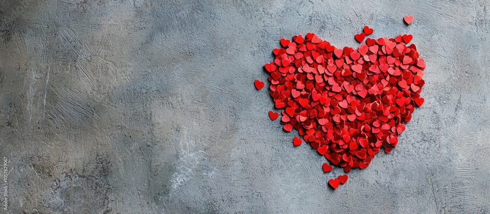 Poster red heart consists of small confetti on gray background simple romantic backdrop with copy space