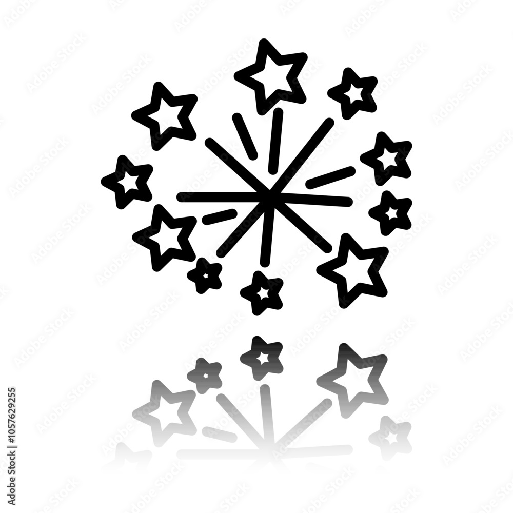 Poster fireworks simple icon vector. flat design. black icon with mirror reflection. white background