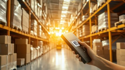 Warehouse management logistic technology concept. Pallet tracking with handheld RFID scanner, logistics technology, efficient inventory identification