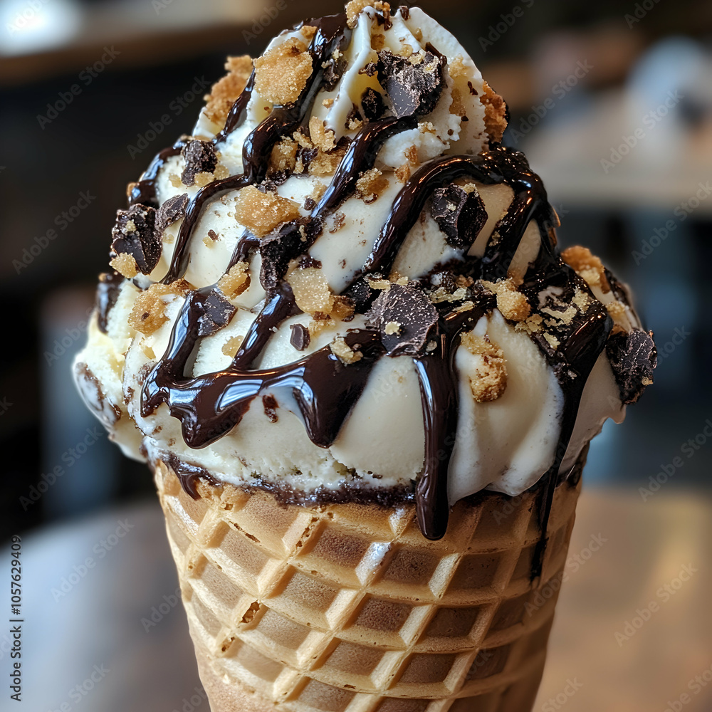 Poster swirl cone with cookies and cream ice cream drizzled with chocolate sauce in a bright, inviting sett