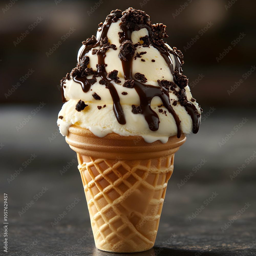 Poster swirl cone of cookies and cream ice cream with chocolate drizzle on a bright background