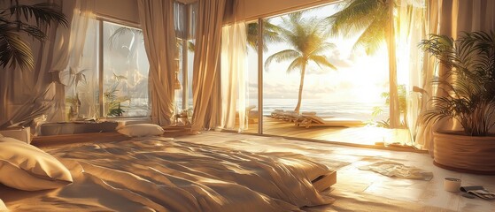 A bedroom with a large window overlooking the ocean