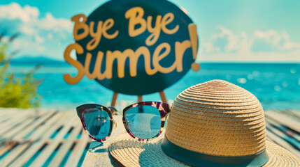 Sunglasses and hat with Bye Bye Summer text at the beach