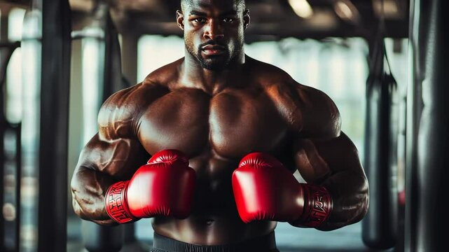 A muscular man stands in a boxing gym, wearing red boxing gloves, ready to train