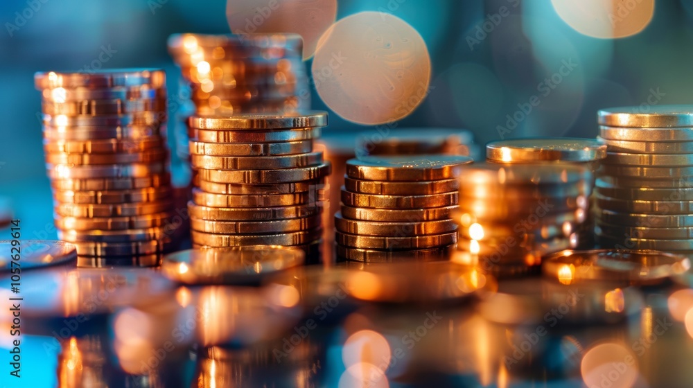 Aufkleber stacks of shiny coins with colorful bokeh background