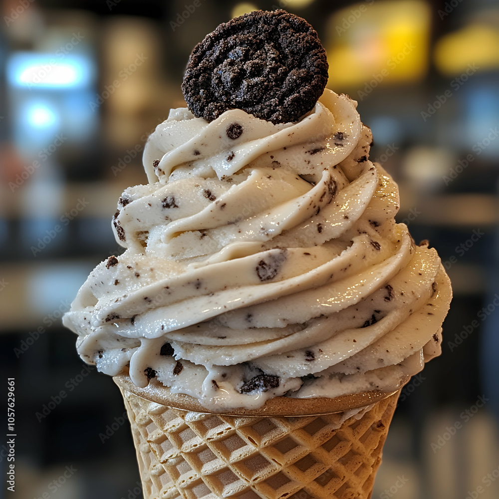 Poster swirl of cookies and cream ice cream in a cone against a soft background