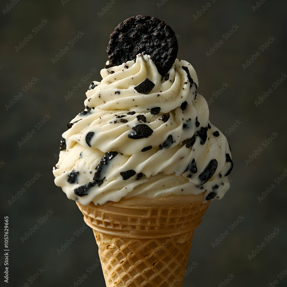 Poster swirl of cookies and cream ice cream in a cone with chocolate drizzle and sprinkles