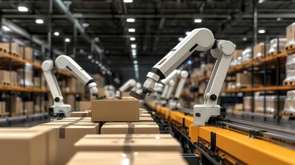 Warehouse management logistic technology concept. Robot-assisted packing stations in a tech-enabled warehouse, logistics innovation, efficiency in packaging